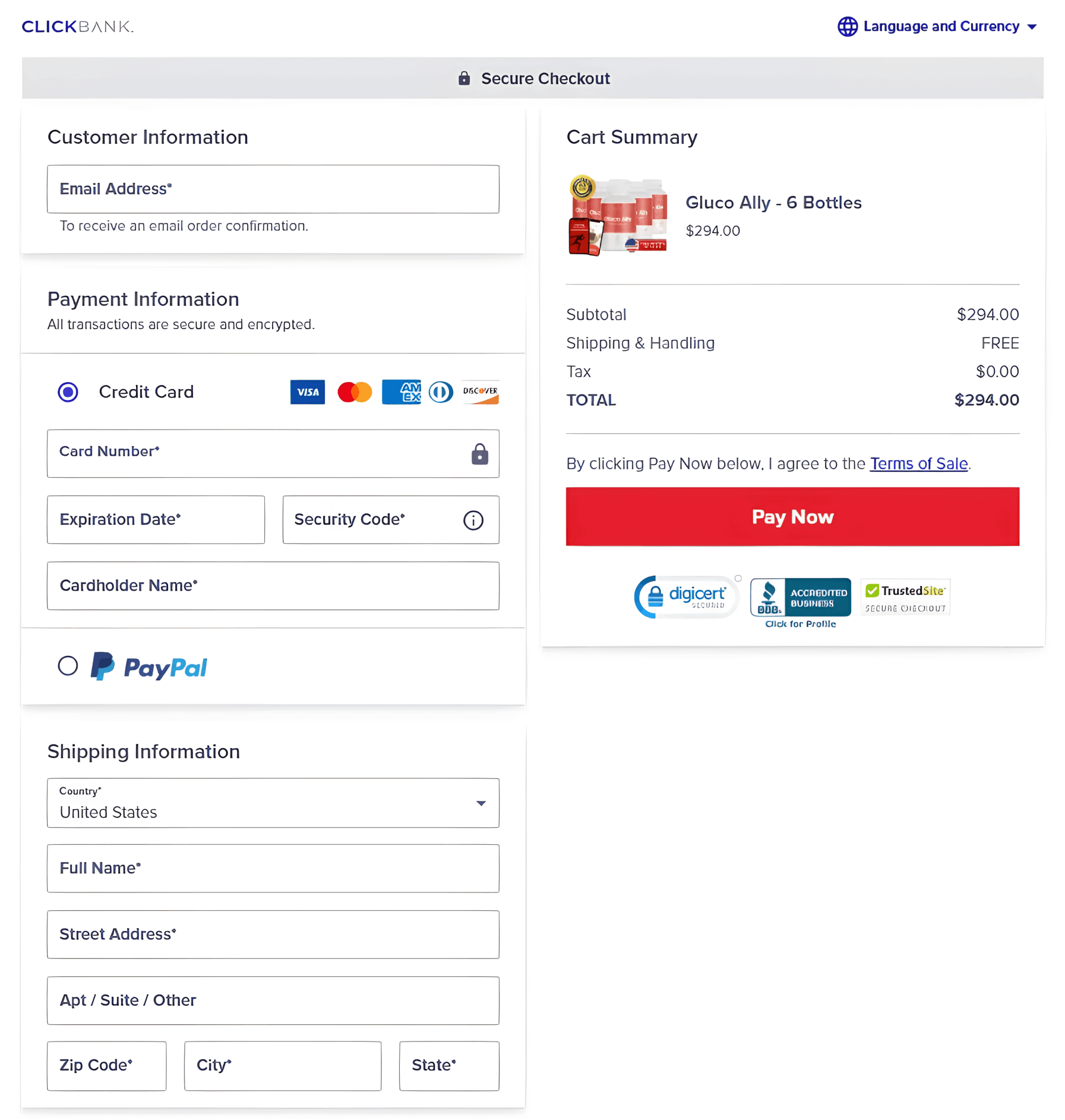 Gluco Ally Checkout page